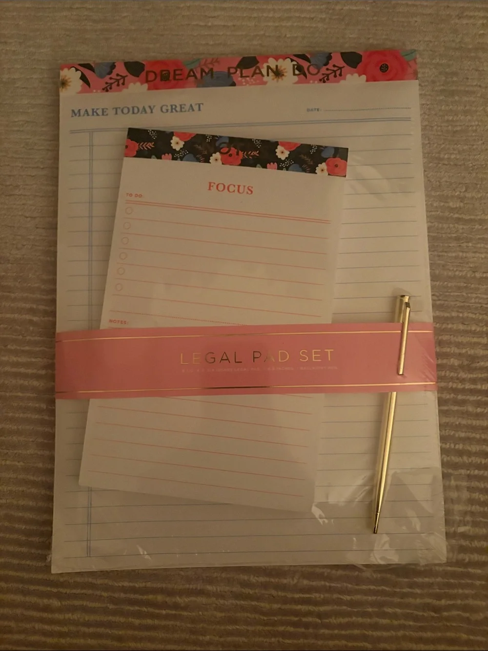 Floral Legal Pad Set with Gold Pen - Pink Accent